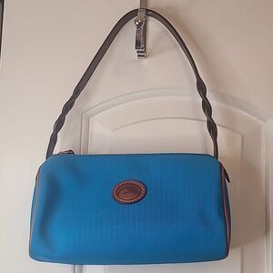 Dooney & Bourke Bright Blue Nylon Brown Leather Trim Small Barrel Shoulder Bag